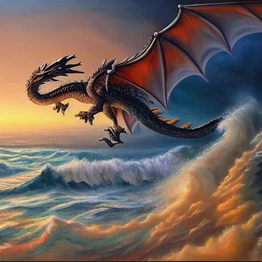 Image similar to fantastical oil painting of a large dragon flying above the sea at dawn, warm setting, sharp focus, perfect anatomy, hyper realistic, symmetrical, 4 k, highly ornate intricate details,