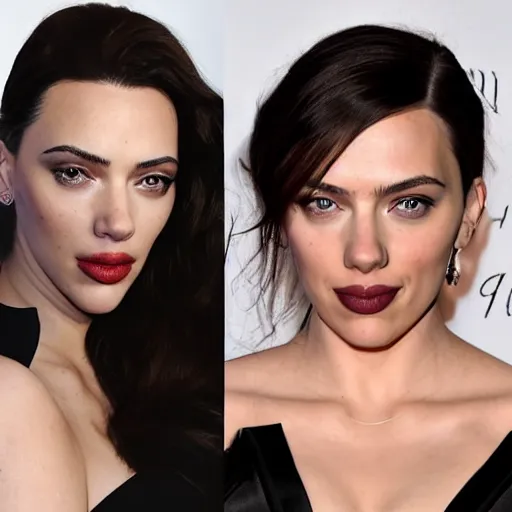 Image similar to a woman who is a genetic combination of kim kardashian and kat dennings and scarlett johansson and margot robbie and emma watson, face and upper - body focus