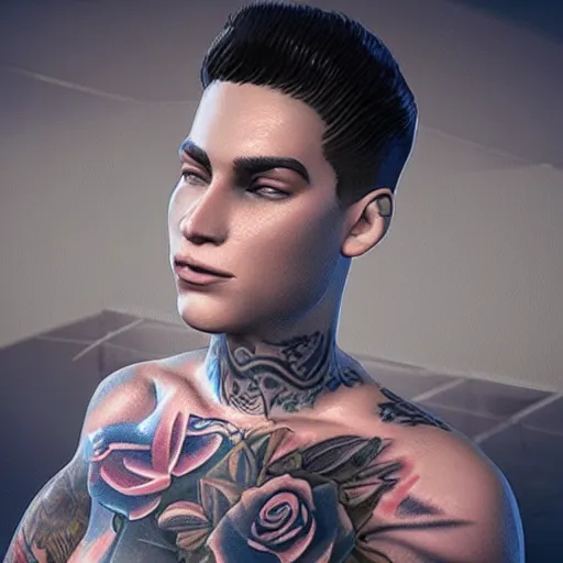 Prompt: a young athletic slim male covered in tattoos with short hair is created by cosmic dust in the middle of the universe, unreal engine 5
