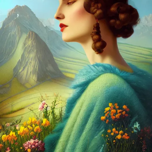 Prompt: mountain landscape in spring, flowers, teal landscape, dreamy light, sunny complementary palette, by tom bagshaw and jacek yerga and tamara de lempicka and jesse king, pop surrealist, wiccan