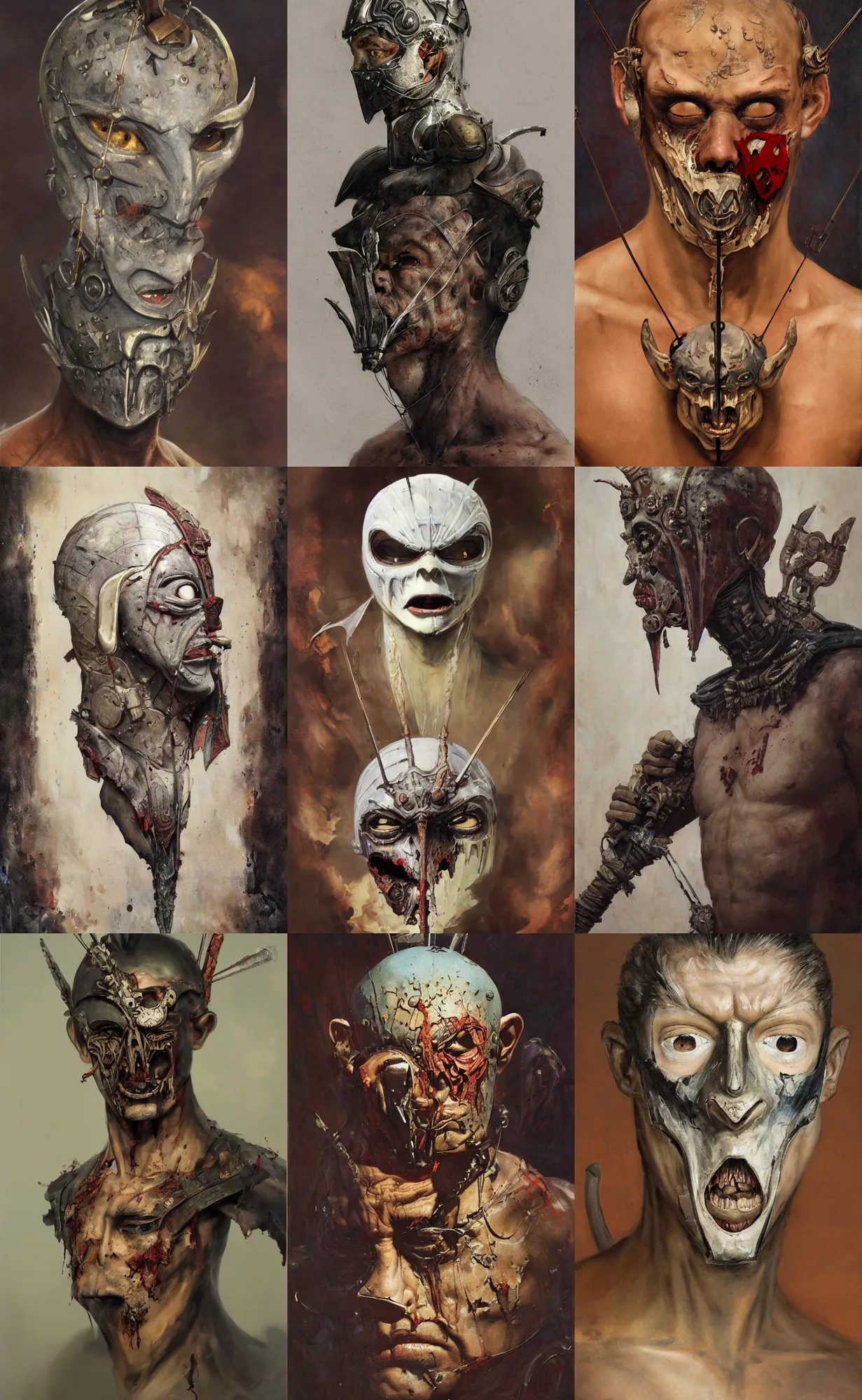 Prompt: A mixed media portrait painting of a man wearing the mask of damocles, detailed mask, detailed jaw and eyes, dried blood, by Frank Frazetta, Boris Vallejo, Greg Rutkowski, Beeple, Yoko Taro, Christian MacNevin, epic fantasy character art, roman numerals, high fantasy, CGsociety, full length, exquisite detail, post-processing, masterpiece, cinematic