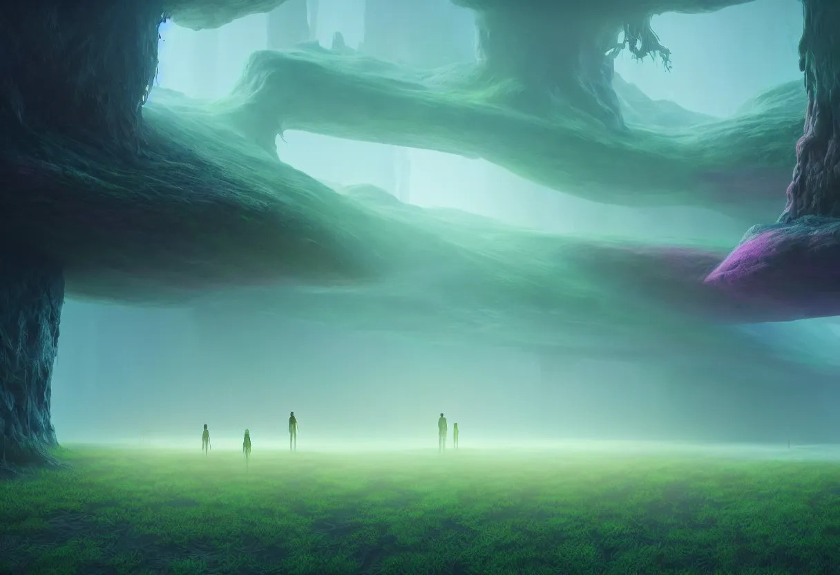 Prompt: inside of alien lush pastel colored landscape of human spirit and imagination, morning fog, matte painting, beautiful render, octane render, concept art