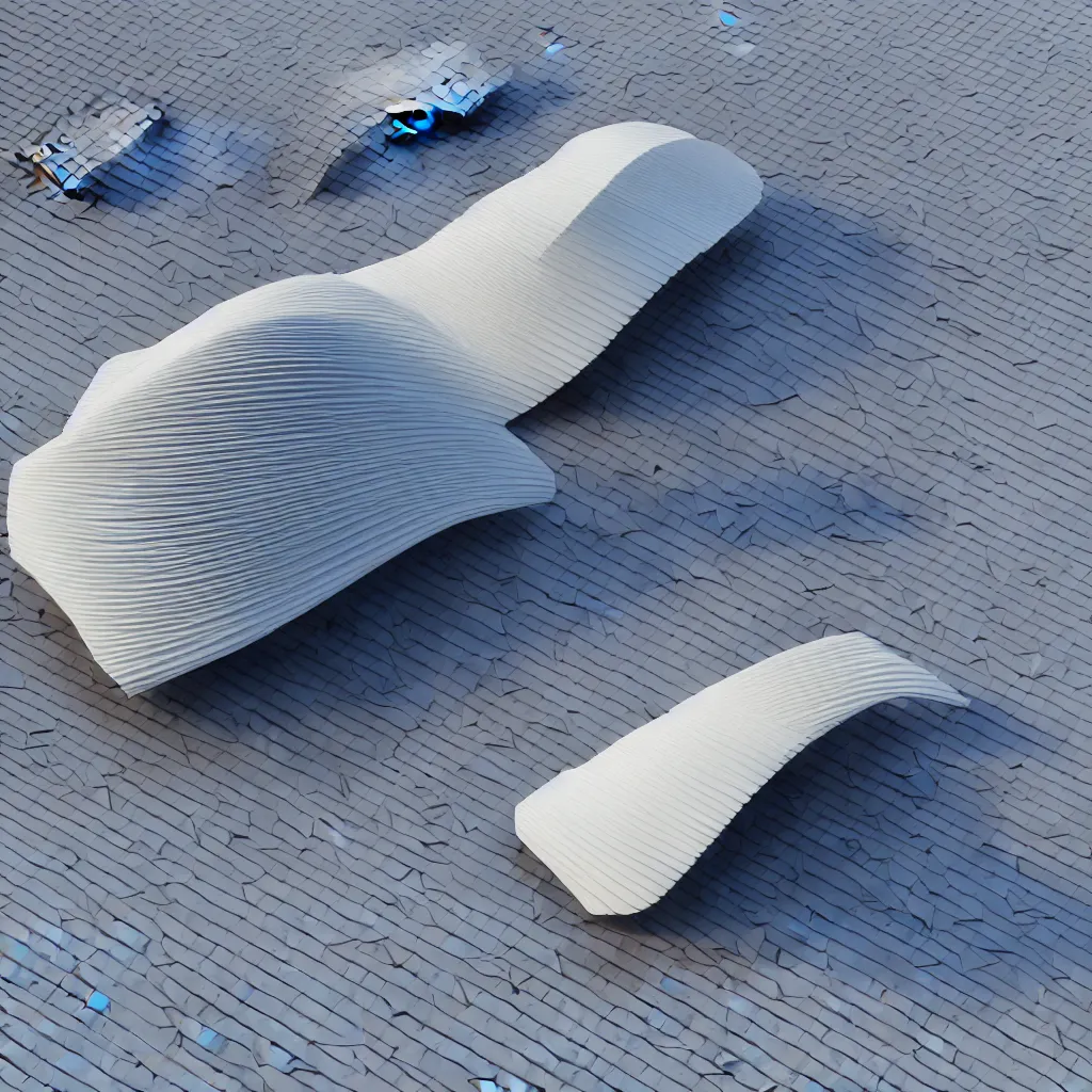 Prompt: unfinished furry sculptural pleated curved roof planes lift and descend creating shade and architectural expression, 3 d top view axonometric, dramatic surrealist form, morning light, lightweight structures, isometric