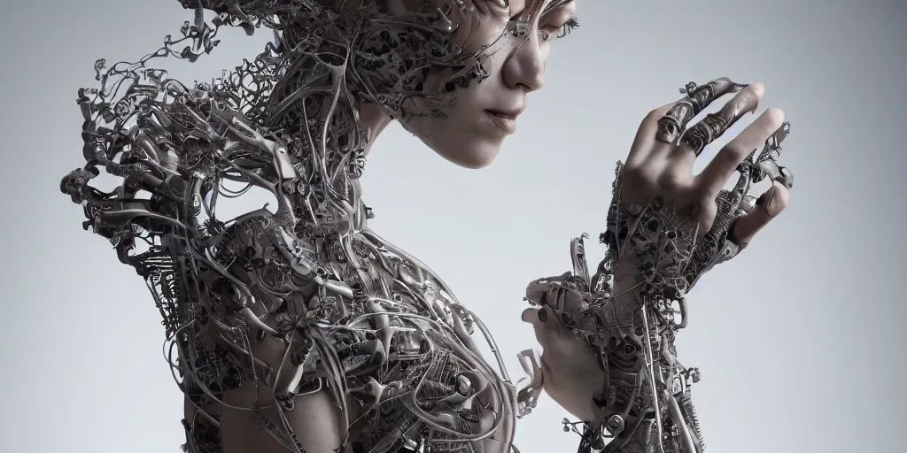 Image similar to hyper realistic photography of a stunningly beautiful cyborg female, circuitry, elbow, chest, intimate, holding close, hands, in the style of beth cavener, jin kagetsu,, and wlop, highly detailed, intricate filigree, masterpiece, award winning, sharp focus, concept art, ringflash lighting, ambient lighting, octane render, 8 k, artstation