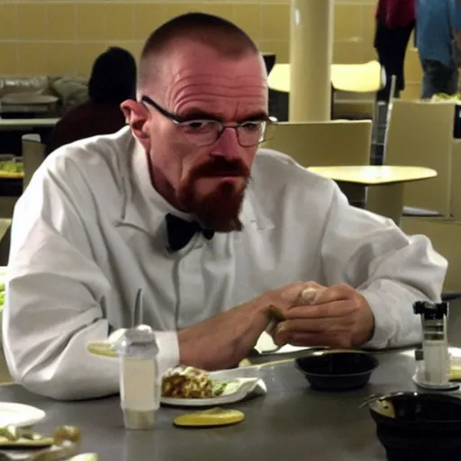 Image similar to autistic Walter White eating lunch alone in the cafeteria