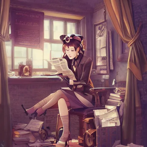 Image similar to a steampunk detective girl sitting in her office reading a newspaper | | cute - fine - face, pretty face, fine details by stanley artgerm lau, wlop, rossdraws, james jean, andrei riabovitchev, marc simonetti, and sakimichan, trending on artstation