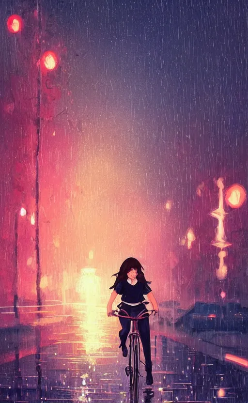 Image similar to a beautiful illustration of a woman riding a bicycle in a rainy night, fiery particles!!!, anime aesthetic, midnight theme, depth of field, bokeh, composition study, featured on artstation, by art by artgerm and greg rutkowski and alphonse mucha, vertical orientation