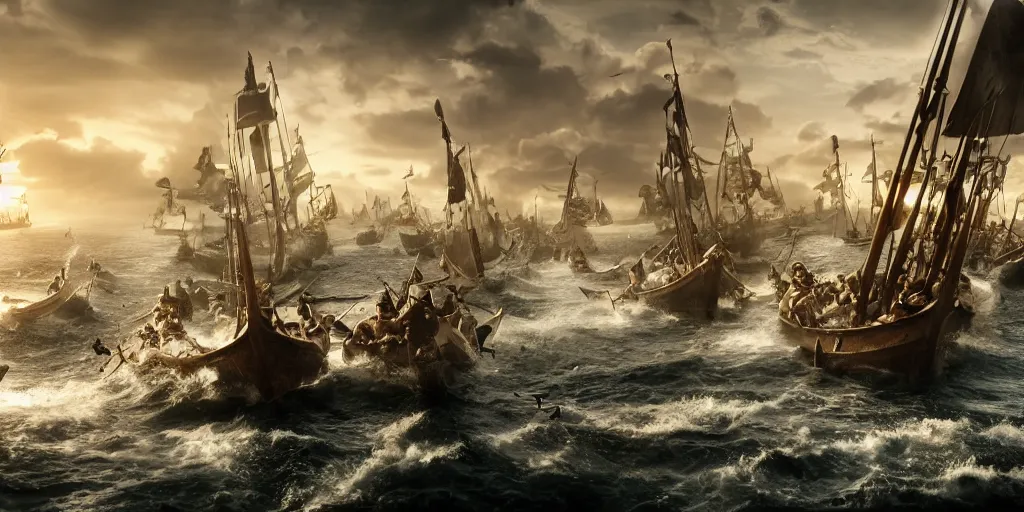 Image similar to An Epic viking sea battle, realistic 4k octane beautifully detailed render, 4k post-processing, highly detailed, intricate complexity, epic composition, magical atmosphere, cinematic lighting, masterpiece, ultra hd