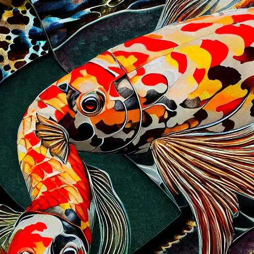 Prompt: A close up image of a large and intricately detailed Koi fish in an insanely beautiful Koi Pond, scales, intricate, Wildlife photography, highly detailed, artstation, concept art, smooth, sharp focus, illustration, art by greg rutkowski and orientalism and bouguereau and Zdzislaw Beksinski, good clear quality, lighting, biology, symmetrical artwork, 135 mm, cinematic, hyper realism, high detail, octane render, 8k, chrome accents