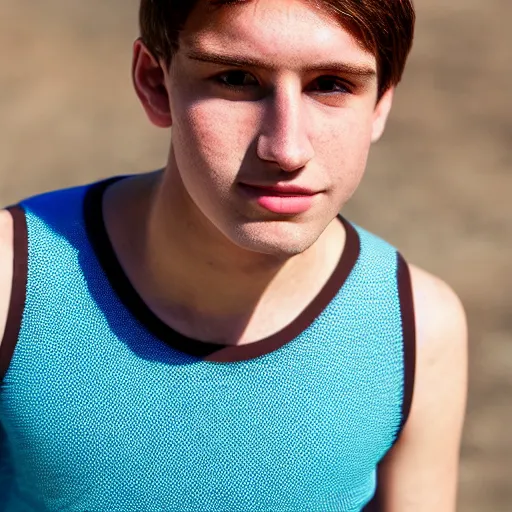 Image similar to Portrait of a 21 yo boy with natural brown hair, smooth pale skin. mesh tank top. Detailed face. Blue sky.