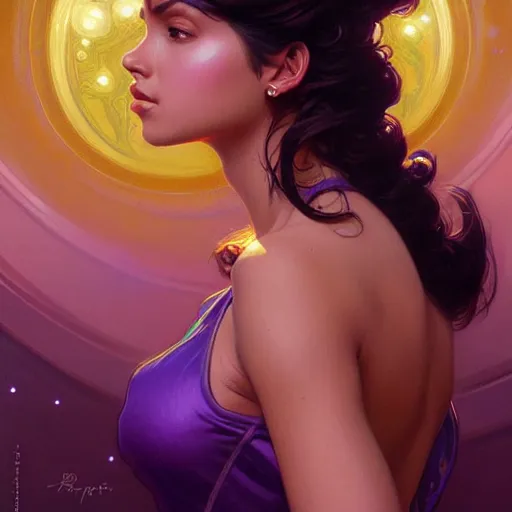 Image similar to Portrait of very very very very very very beautiful Latina woman, spacesuit, purple eyes, intricate, elegant, highly detailed, digital painting, artstation, concept art, smooth, sharp focus, illustration, art by artgerm and greg rutkowski and alphonse mucha