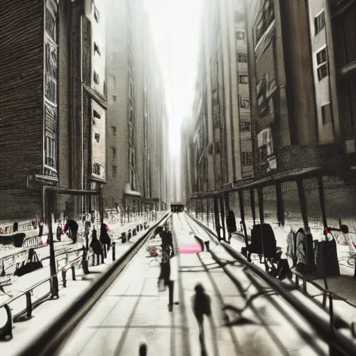 Image similar to people sitting in rows of desks in the middle of a city street, first person view from back row, dream - like atmosphere, high quality digital art