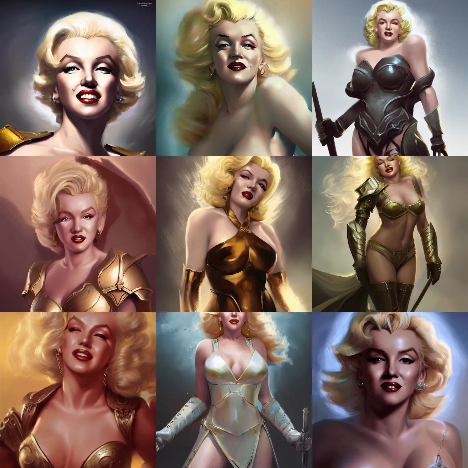 Prompt: a beautiful artwork of marilyn monroe as a paladin with long blonde hair, by Brad Rigney, featured on artstation