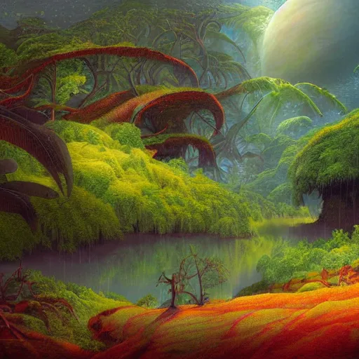 Image similar to digital painting of a lush wet natural scene on an alien planet by gerald brom. digital render. detailed. beautiful landscape. colourful and weird.