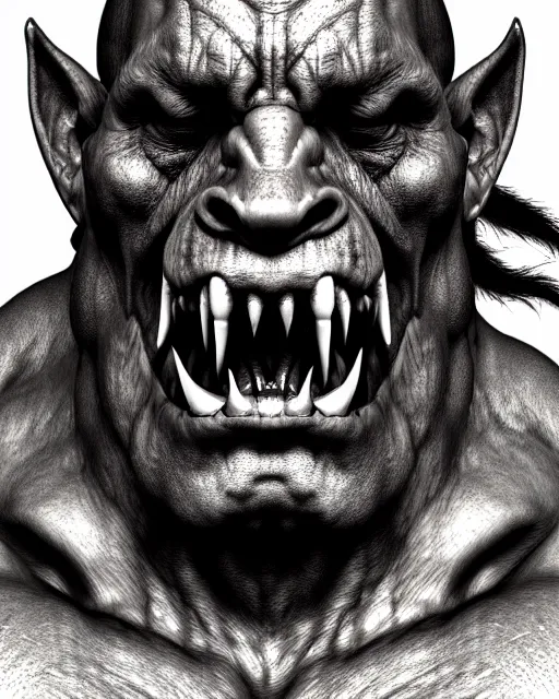 Image similar to orc, hyper realism, fine details, deviantart artstation, extremely detailed, black and white, very sharp, in the style of albrecht durer