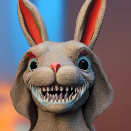 Prompt: a realistic clay sculpture of a very scary bunny with sharp teeth made by michelangelo, standing in times square, 3 d render, hyper detailed, sharp focus, 8 k resolution