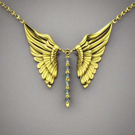 Image similar to 2 tone 3 d 6 winged angel necklace, jewelry render, photography, raytraced