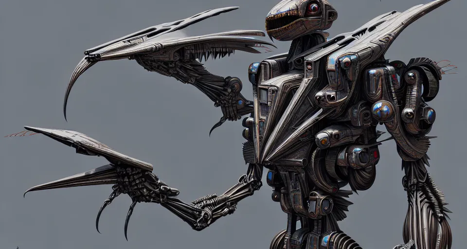 Prompt: pterodactyl cyborg mech wings, by alexandre ferra, zezhou chen, peter gric, mohamed reda and hr giger, hyper detailed line art, screen print, character concept art, realistic, coherent, octane render, zbrush central, behance hd, hypermaximalist