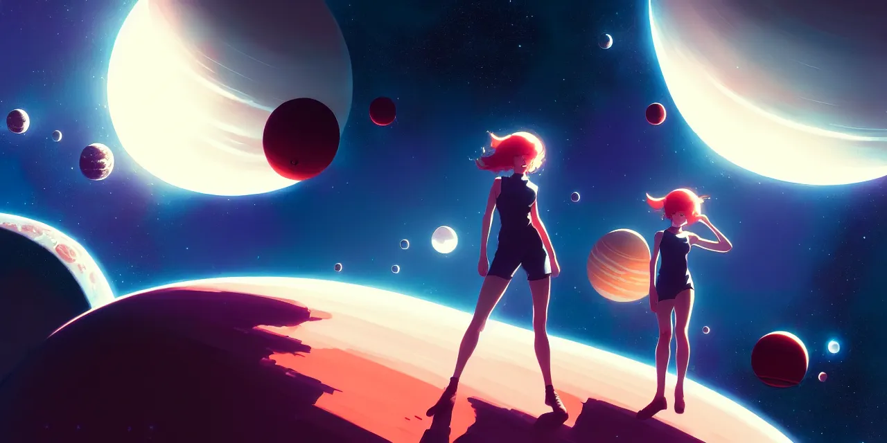 Prompt: girl in space, floating beside planets, dynamic composition, detailed designs, digital painting, 4 k, by ilya kuvshinov, by greg rutkowski, atmospheric lighting