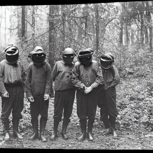 Image similar to “ a group of men wearing gas masks in the forest, 1 9 0 0 ’ s photo ”