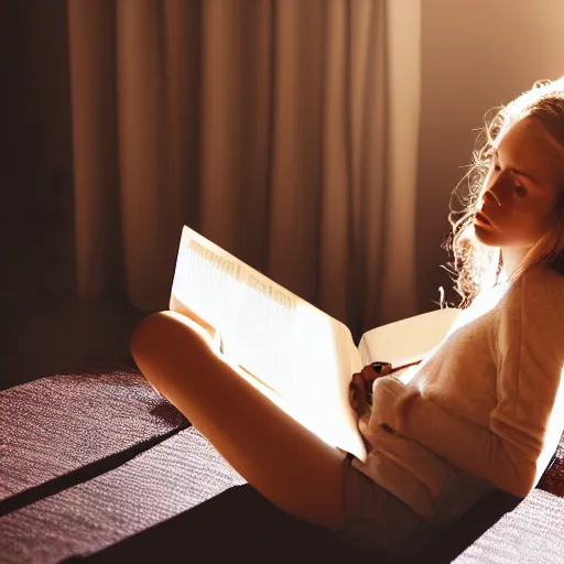 Prompt: portrait of a beautiful girl, sitting on a coffee table, reading a book, dramatic light, realistic, close up