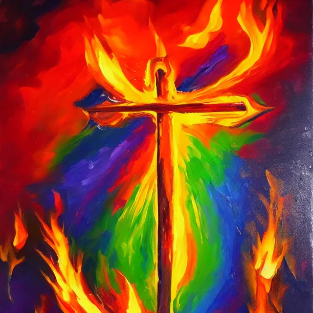 Prompt: cross in flames, fire burning in rainbow colors, oil painting, bold strokes