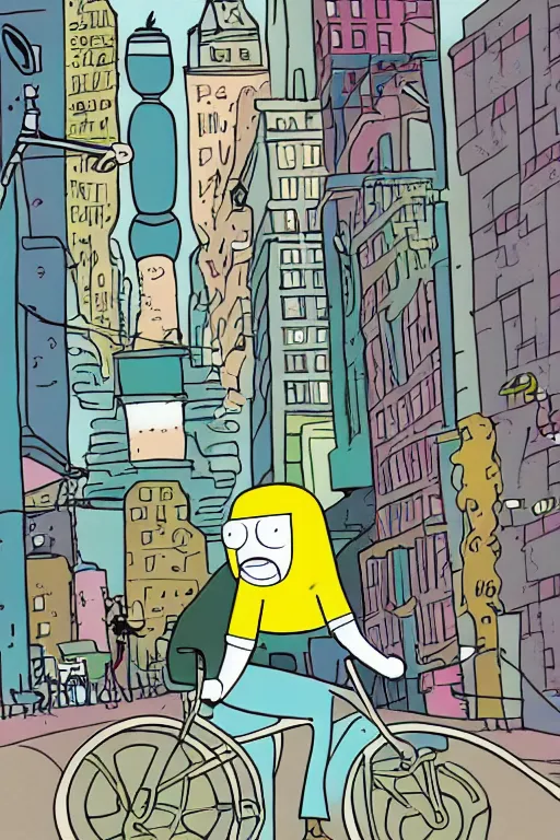 Image similar to illustration of an original character riding a bike in the big city, in the style of adventure time, by pendleton ward