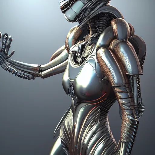Image similar to a beautiful alien woman, in xenomorph armor by hideyuki ashizawa, trending on artstation, industry, lucid and intricate, rectilinear, digital art, octane, redshift, vray, 8 k, 6 4 megapixels, zbrush central, behance hd, hypermaximalist, well rendered