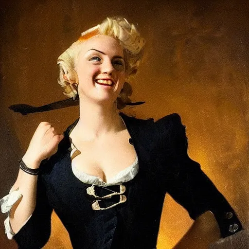 Image similar to laughing, beautiful, intelligent, blonde female pirate captain 2 8 years old, 1 9 4 0 s haircut, fully clothed, wise, beautiful, masterful 1 7 5 0 s oil painting hanging at the louvre, dramatic lighting, sharp focus