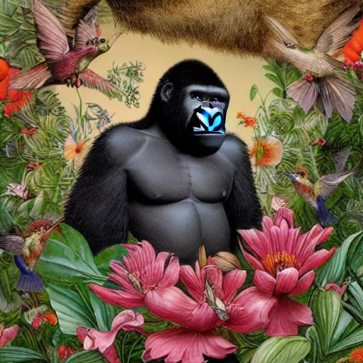 Prompt: half - length portrait of a gorilla surrounded by hummingbirds and fine floral ornaments, eye - level medium - angle shot, intricate, floral background, by esao andrews, by m. w. kaluta, by yoshita amano, intricate, symmetrical, natural lighting, smooth, 3 d octane render, depth perception, 4 k,, artstation