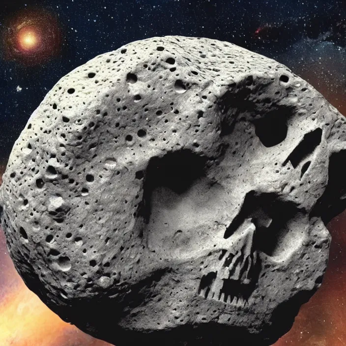 Prompt: asteroid belt with big asteroid in form of punisher skull