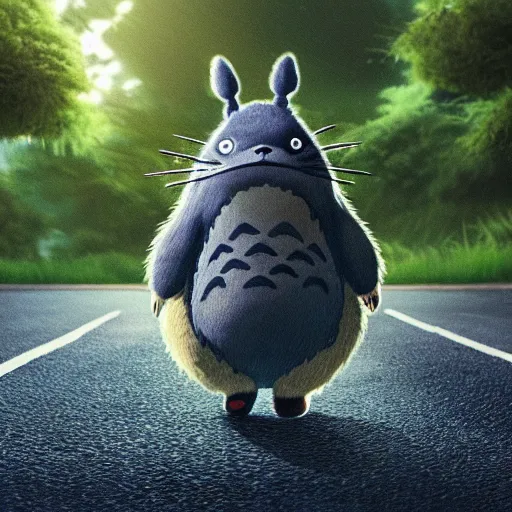 Image similar to photo of my neighbor Totoro walking down the street, realistic, high detail, beautiful lighting, 8k,