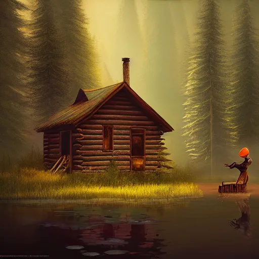 Prompt: A painting of a luminous old cabin in the swamp lands, a freindly bigfoot with a fish, by Gediminas Pranckevicius, cinematic lighting