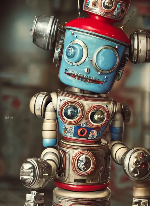 Image similar to closeup portrait of tin toy robot cake kitchen, depth of field, zeiss lens, detailed, symmetrical, centered, fashion photoshoot, by nicoletta ceccoli, mark ryden, lostfish, breathtaking, 8 k resolution, extremely detailed, beautiful, establishing shot, artistic, hyperrealistic, octane render