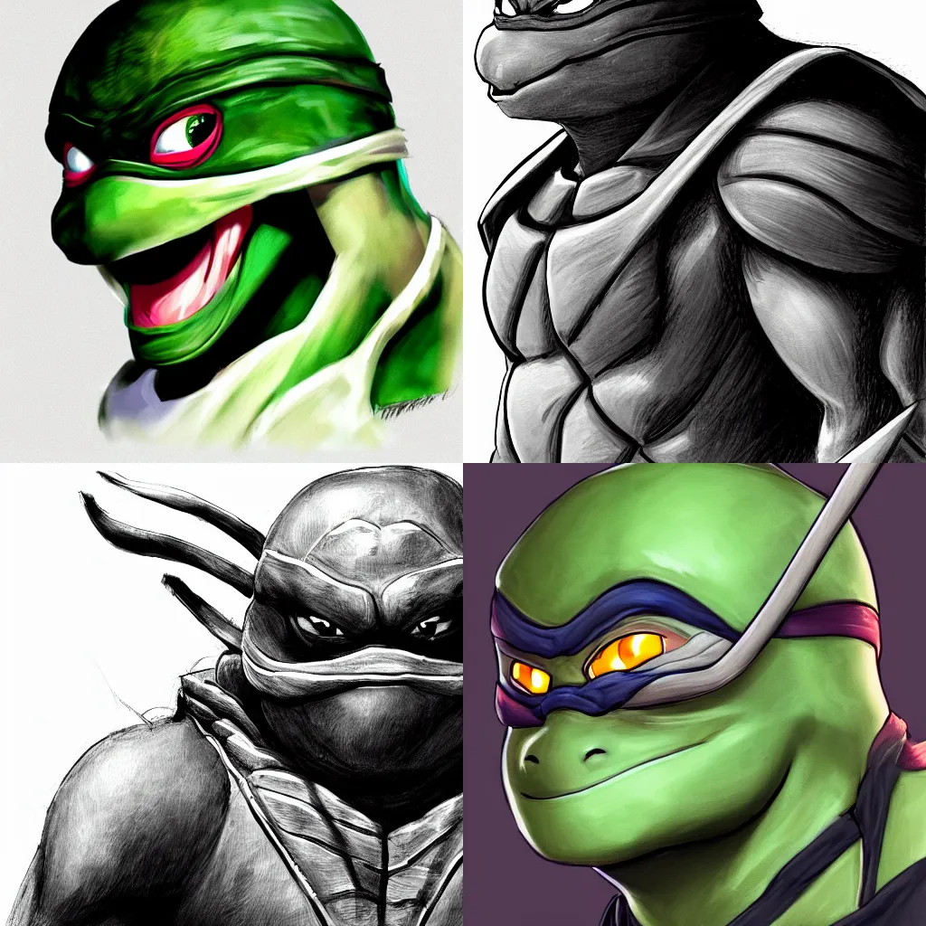Prompt: a study of cell shaded sharp portrait of ninja turtle looking at camera as concept art, llustration, concept art by Farley , highly detailed, sharp focus, Trending on Artstation, HQ, deviantart
