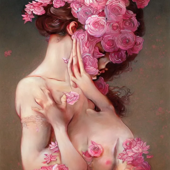 Image similar to a wonderful goddess with a realistic body made of pink petals, intricate, elegant, highly detailed, wonderful eyes, sweet, digital painting, artstation, concept art, smooth, sharp focus, illustration, art by artgerm and greg rutkowski and alphonse mucha and william - adolphe bouguereau