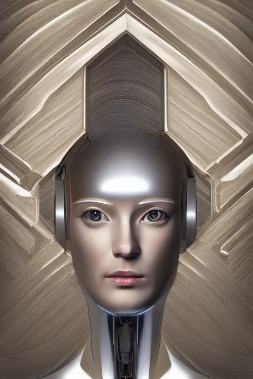 Image similar to full figure portrait of a female android made of chrome and woodgrain by duchamp, lean sleek styling, feminine curves, reflective, inscribed etched with gnostic runes, by jessica rossier