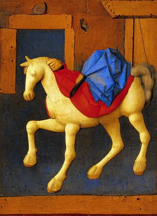 Image similar to wooden horse toy, medieval painting by jan van eyck, johannes vermeer, florence