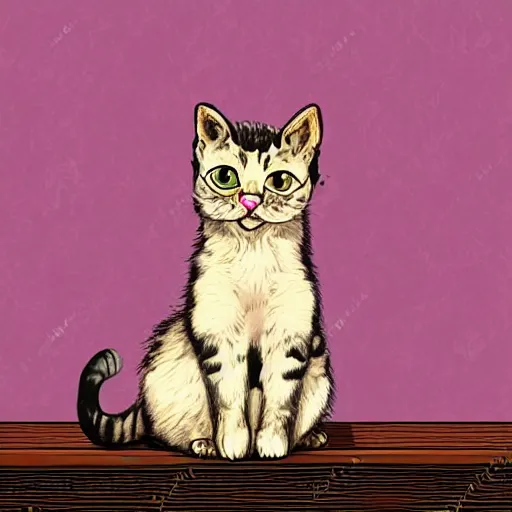 Image similar to A portrait of an attractive little kitty sitting on a table, beautiful bone structure,symmetrical facial features,elegant,highly detailed,illustration