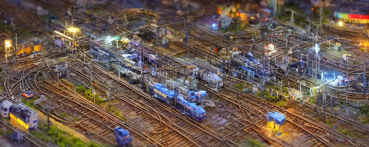 Image similar to mega detailed miniature voxel diorama of huge railway junction, futuristic architecture, tilt shift, industrial lights, by night clean and sterile atmosphere, several trains nearby, near future 2 0 3 0