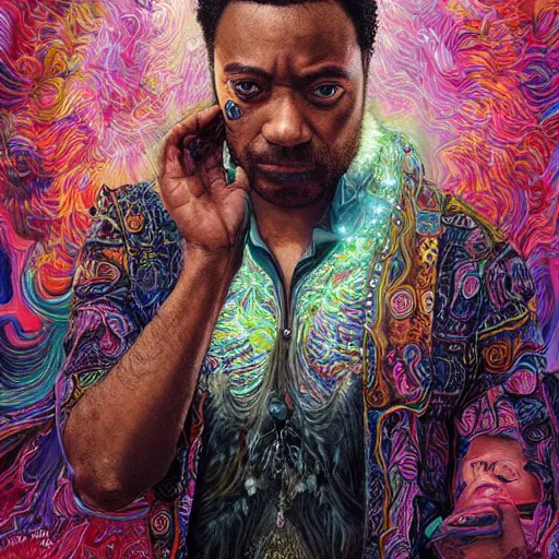 Image similar to portrait of chiwetel ejiofor, hyper detailed masterpiece, neon floral pattern, jean giraud, digital art painting, darkwave goth aesthetic, psychedelic, artgerm, donato giancola and tom bagshaw