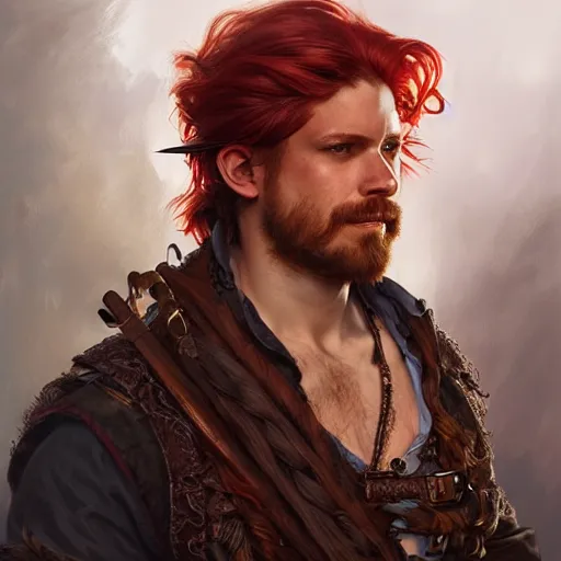 Image similar to portrait of a young pirate, male, rugged, masculine, handsome, upper body, red hair, long hair, D&D, fantasy, intricate, elegant, highly detailed, digital painting, artstation, concept art, cutscene, sharp focus, illustration, art by Artgerm and Greg Rutkowski and Alphonse Mucha