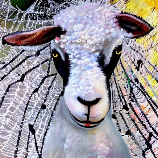 Prompt: a beautiful painting the sheep included a spider web, hyper realistic