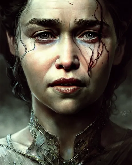 Image similar to emilia clarke, character portrait, portrait, close up, concept art, intricate details, highly detailed by greg rutkowski, michael whelan and gustave dore