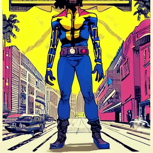 Prompt: afrofuturist man in a crowded busy street wearing gold jewelry, simple, cyberpunk, far shot, full body shot, 1970s X-Men art style