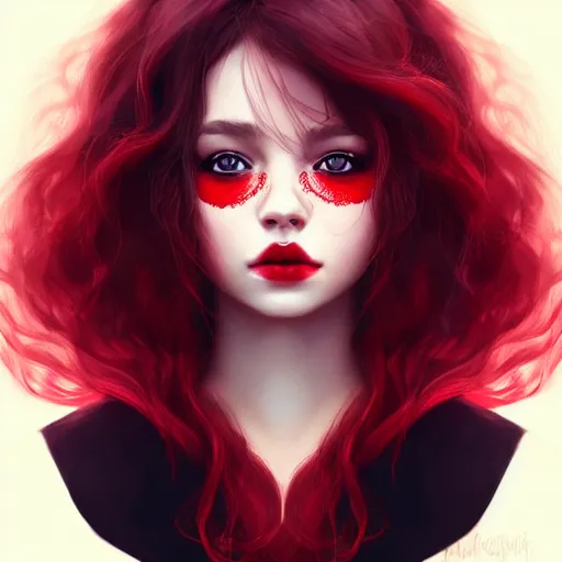 Image similar to a realistic illustration portrait of a beautiful cute girl with curly black and red hair, a pointy nose and, round chin black eyeliner, trending on artstation, hyper - realistic lighting, intricate, ross tran