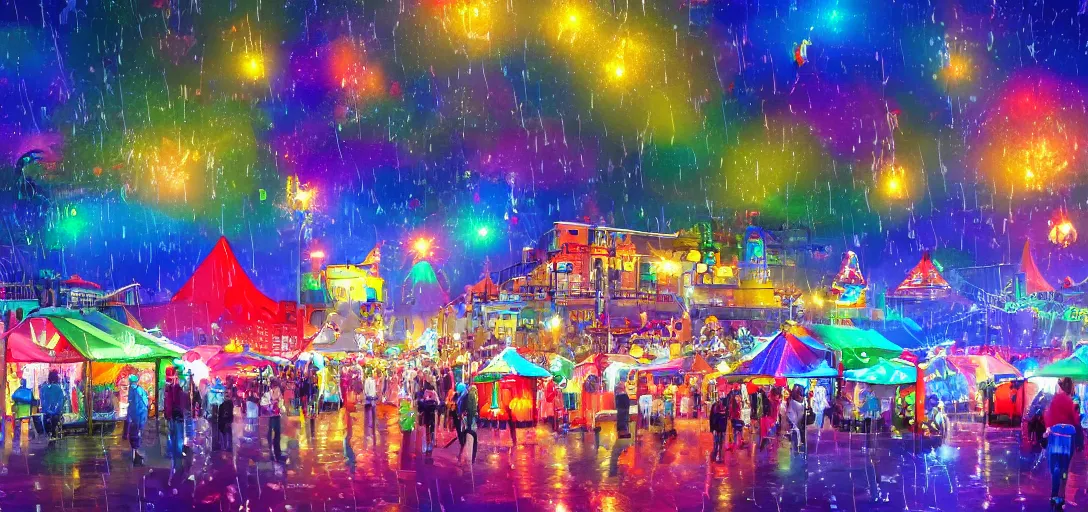 Image similar to Look of Small outdoor carnival, rain, night, colorful tents, digital art, 8k, many details