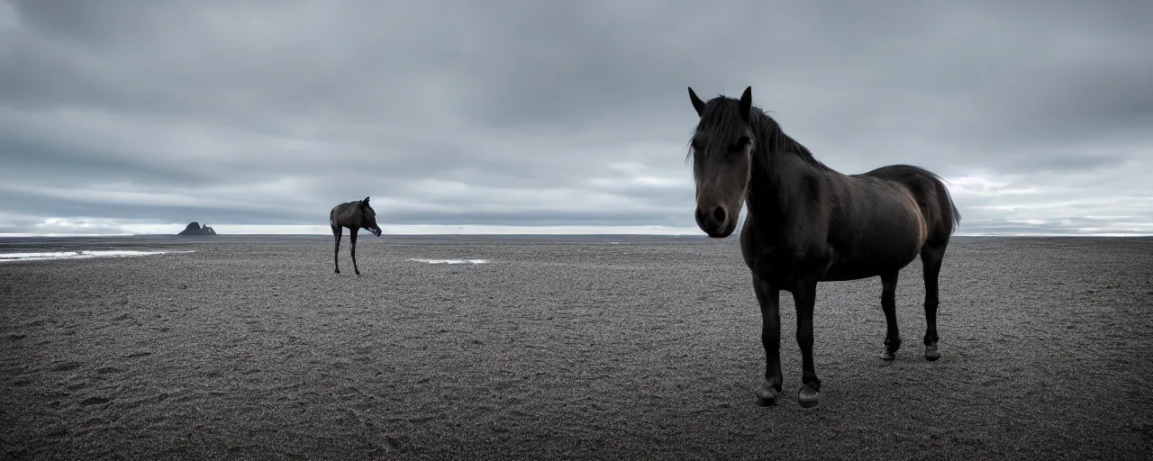 Prompt: low angle cinematic shot of lone futuristic horse in the middle of an endless black sand beach in iceland, iceberg, 2 8 mm