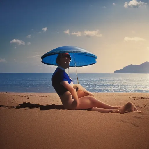 Prompt: a beautiful photo of an astronaut on the beach under a beach umbrella, summer sun, 1 9 7 0, soft light, morning light, photorealistic, realistic, octane, 8 k, cinematic shot