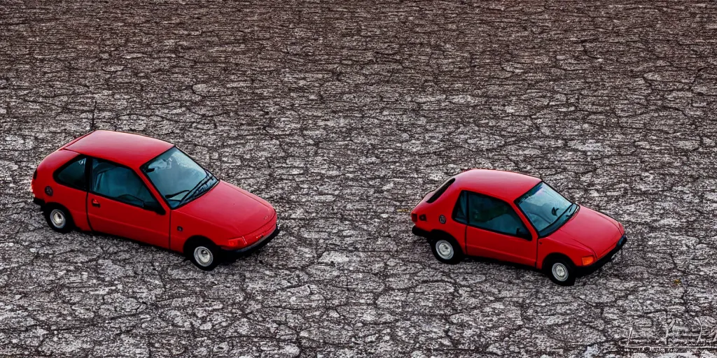 Image similar to a Geo Metro in a salt flat, auto photograph